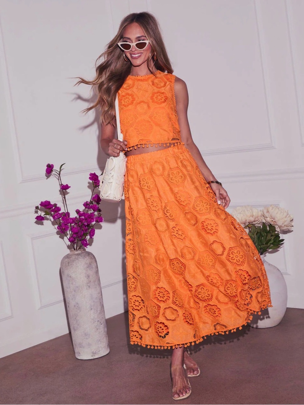 Women's Orange Lace Maxi Skirt - Pom-Pom Hem Two-Piece Set